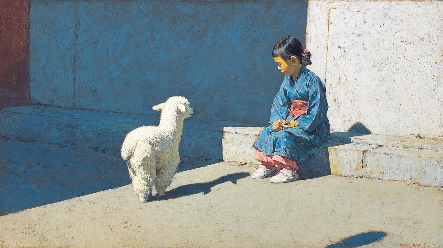 動物と少女　絵　2025年06月26日　絵画　画像