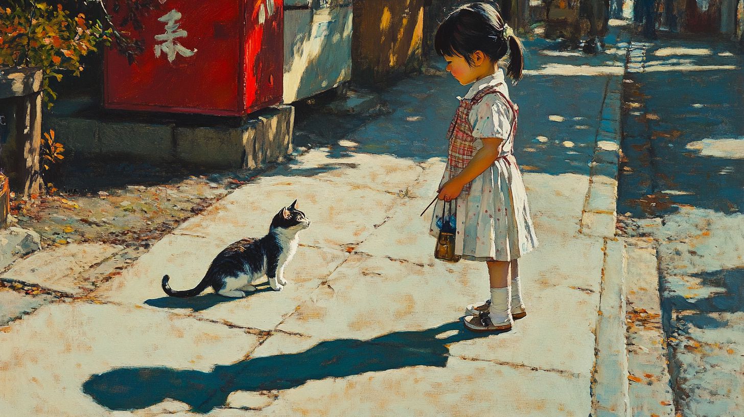 猫と少女　絵画　2024年09月15日　絵画　画像