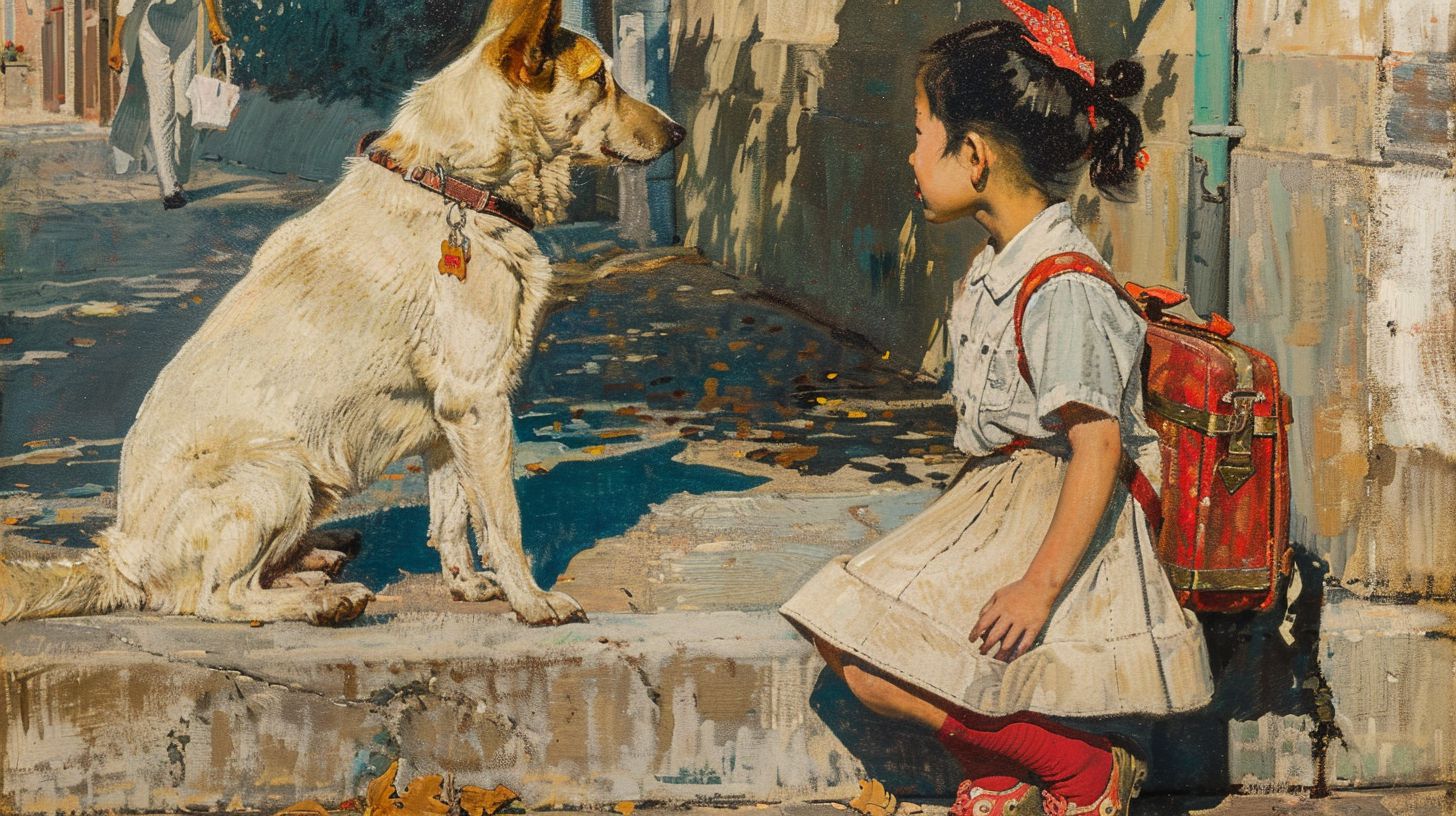 犬と少女　絵　2025年06月11日　絵画　画像