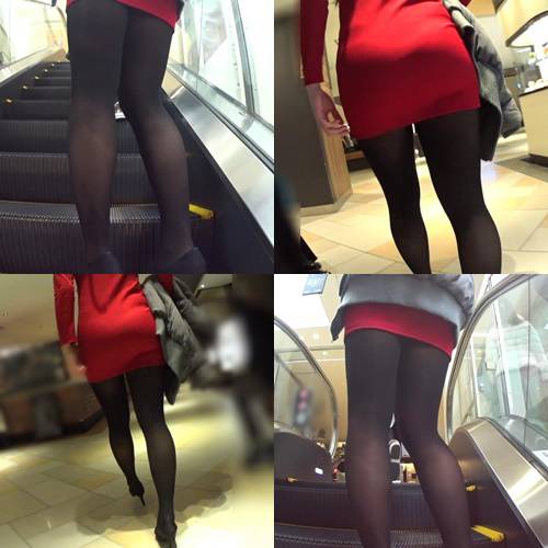 【黒パンスト探訪】赤ワンピを着た美脚お姉さん！　サンプル画像1