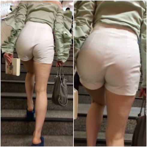 《レース柄Tバックが丸分かり！！！》 No.1014【このお尻のお肉は堪らん！透け透けショーパンで歩くセレブお姉さんの着衣尻】 サンプル画像