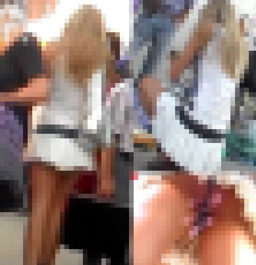 【これはヤバイ!お姉さんのハミ○ンギリギリ際どいパンチラを盗撮】 サンプル画像