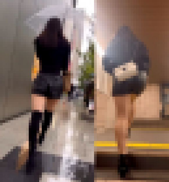 レザーショートパンツ姿で街を歩く美女2名セット サンプル画像