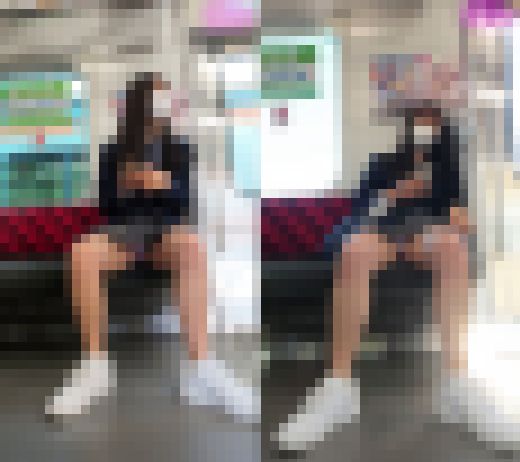 【縦型動画】ミニスカ制服娘は何色の生パンツ? 2日連続盗撮電車(2)電車対面パンチラ編 サンプル画像2
