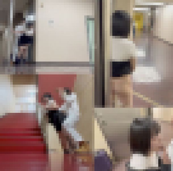 【野外露出】ゲーセン近くの非常階段でお客さんに見られそうになりながら野外露出ハメ サンプル画像