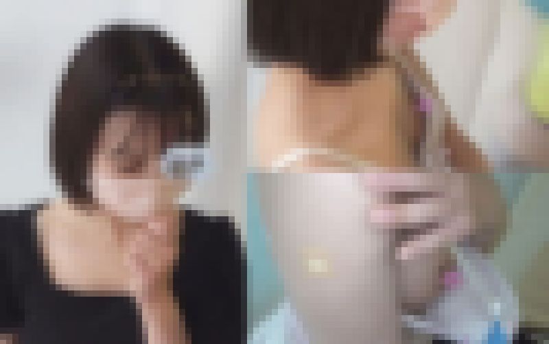 [ワクチン接種]キラキラ系女子の推定Dカップブラを引っ張りハッキリと乳首を露呈させる事に成功[胸チラ] サンプル画像