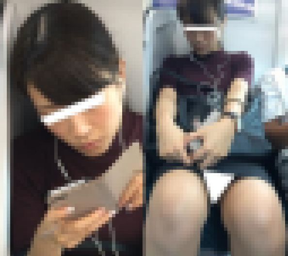 (電車対面）(顔出し)車窓から差し込む光に照らされるOLさんの無防備なお股を…超近距離から観察してみました!!画像