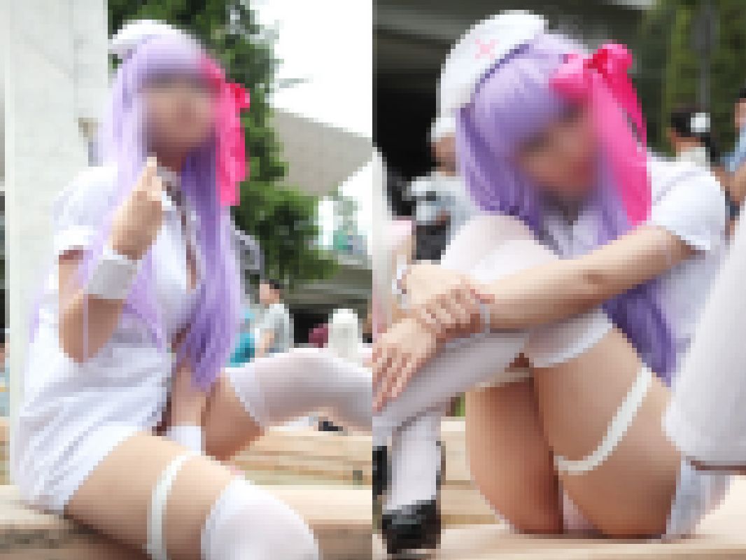 【写真】ムッチリ太ももから覗くパンチラ！紫ウィッグのナースレイヤー　高画質300枚 サンプル画像