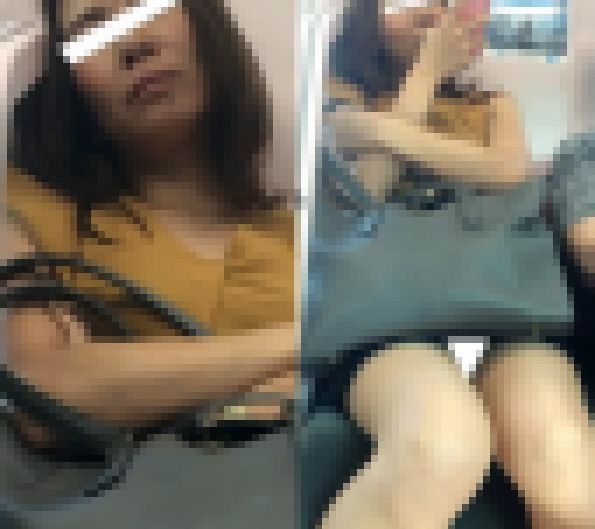 (電車対面）(顔出し)むき出しのパンストあんよを悩ましく動かして…男の視線を挑発するセミロングOLさんを観察してみました!!画像