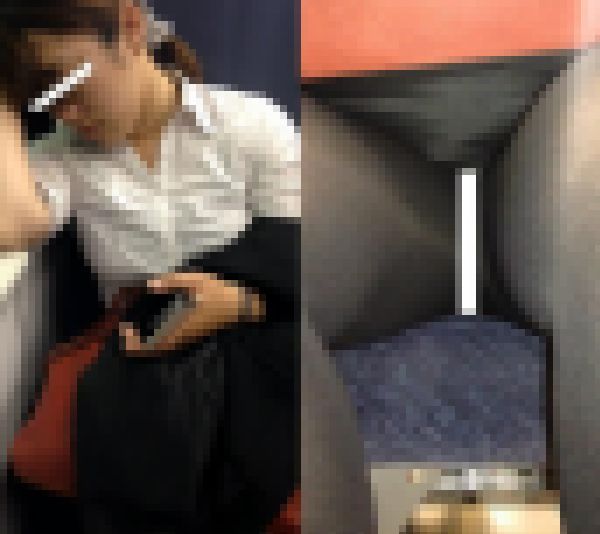 (電車対面）(顔出し)ボックス席…お仕事に疲れてぐったりする○っぱい豊かな…黒パンストあんよをひらくOLおねいさんを観察してみま サンプル画像