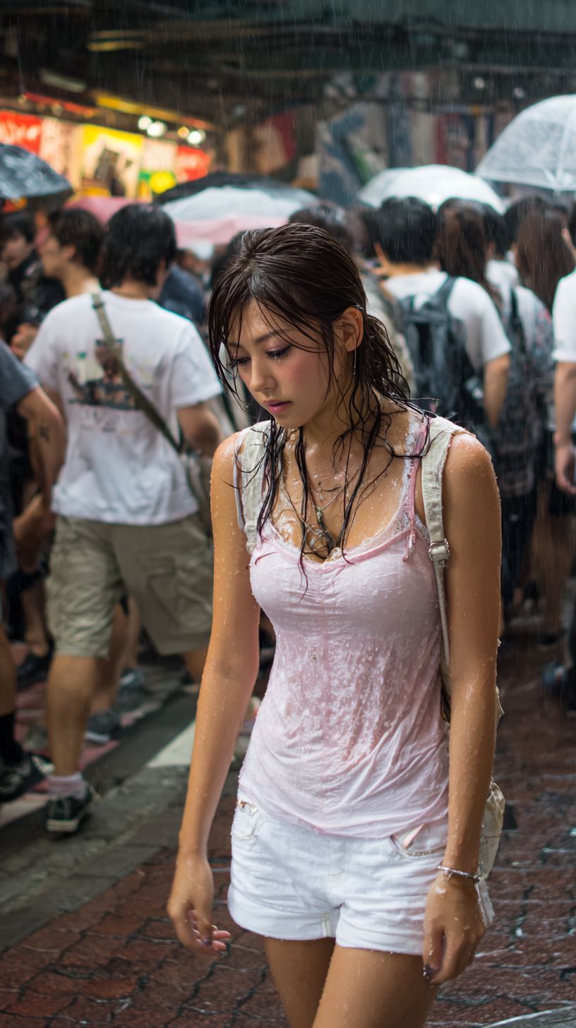 びしょ濡れ女子画像　東京都　千代田区　2026年04月30日　びしょ濡れ　ゲリラ豪雨　画像
